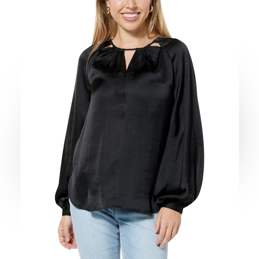 DG2 by Diane Gilman Women's V-Neck Satin Hi-Low Hem Blouse Black Size XL